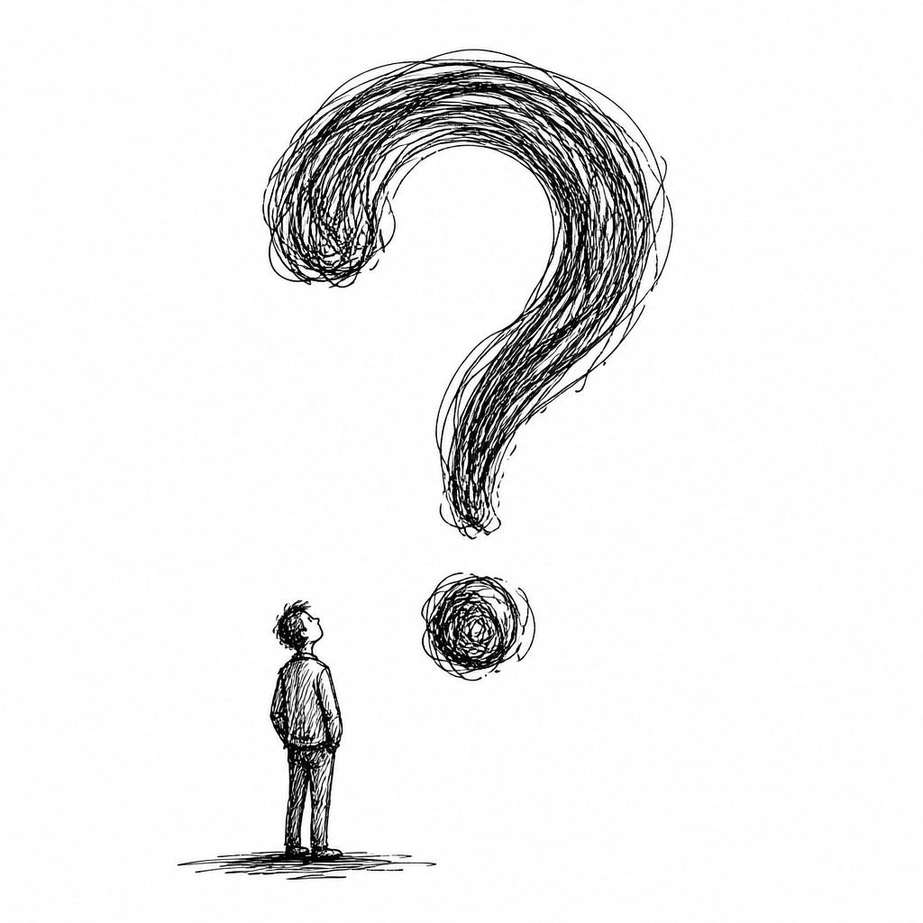 A large scribbled question mark with a small figure looking up at it