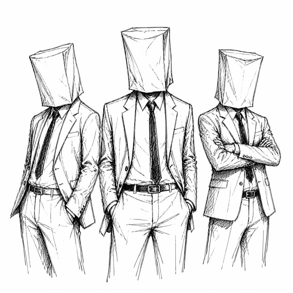 Three faceless suited figures with paper bags over their heads