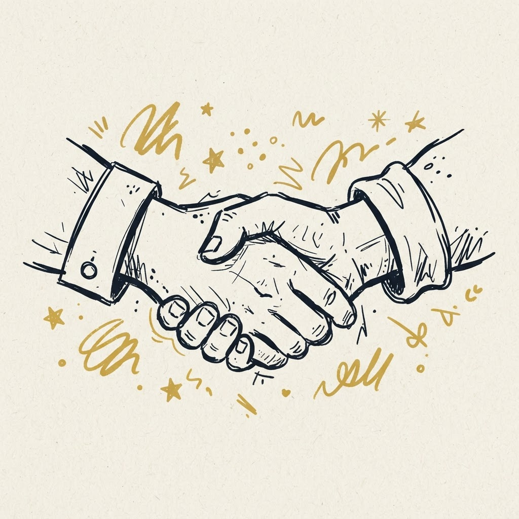Two hands shaking, hand-drawn illustration