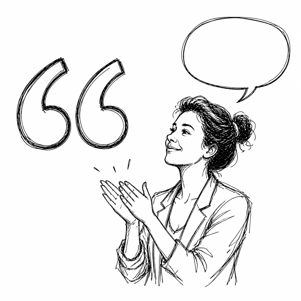 Hand-drawn quotation marks with a person applauding