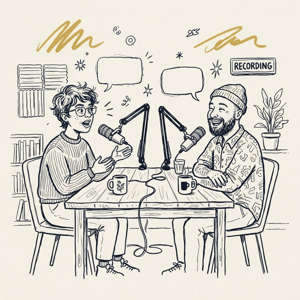 Two people sitting opposite each other talking into microphones