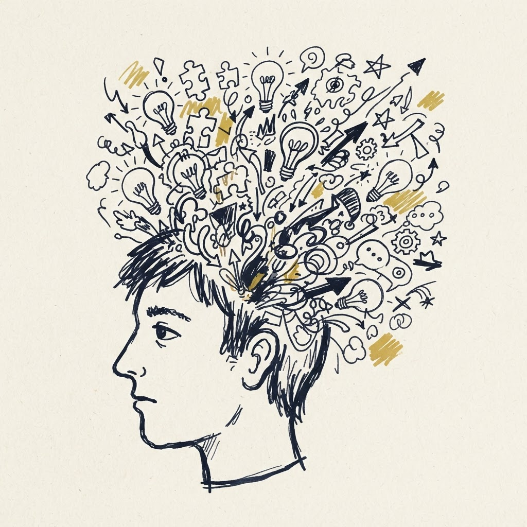 A head with ideas, lightbulbs and puzzle pieces bursting out