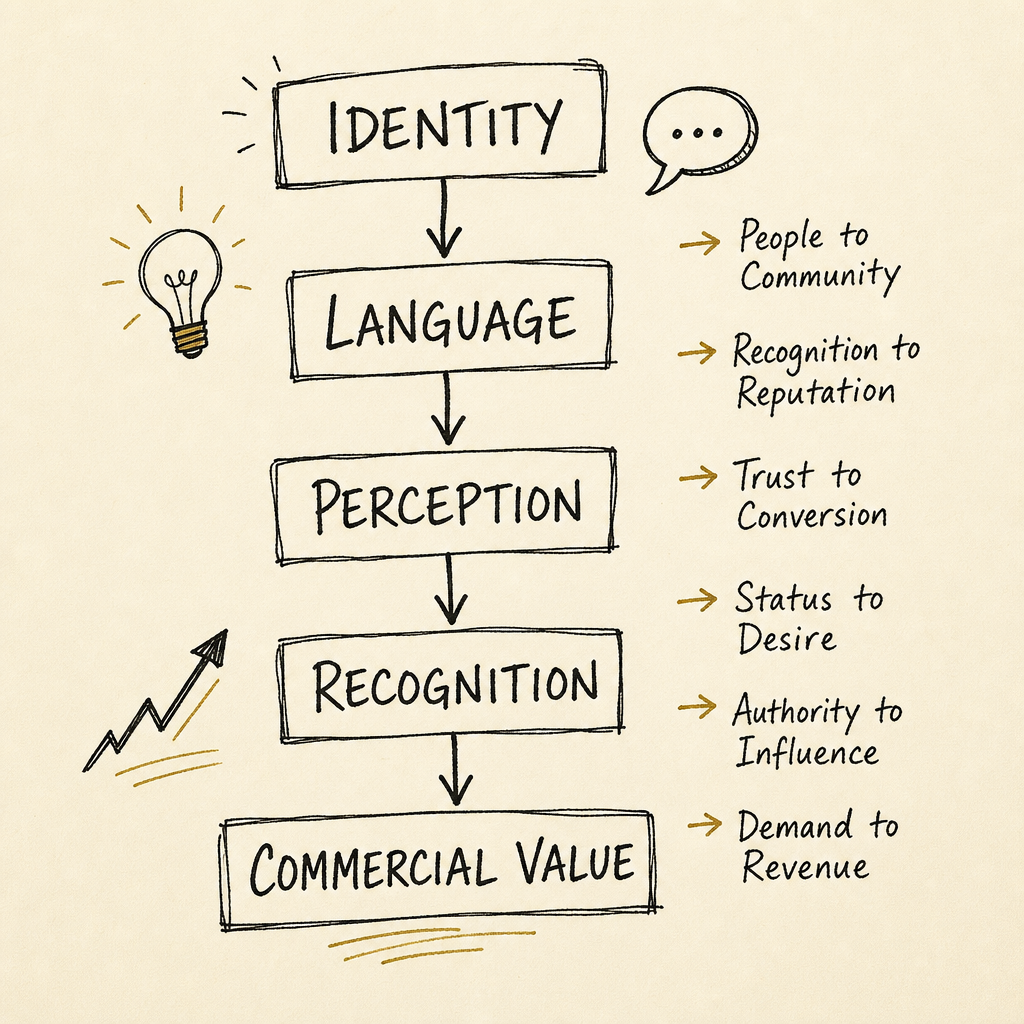 Hand-drawn sketch: identity leading to language, perception, recognition and commercial value